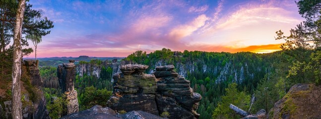 Panoramic view on Bastei bridge and rock formations 