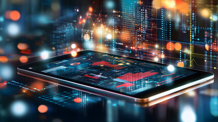 Interactive data visualization on tablet with glowing graphs and charts