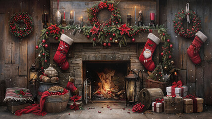 cozy winter scene featuring beautifully decorated fireplace adorned with festive wreaths, stockings, and holiday decorations. warm glow of fire creates welcoming atmosphere