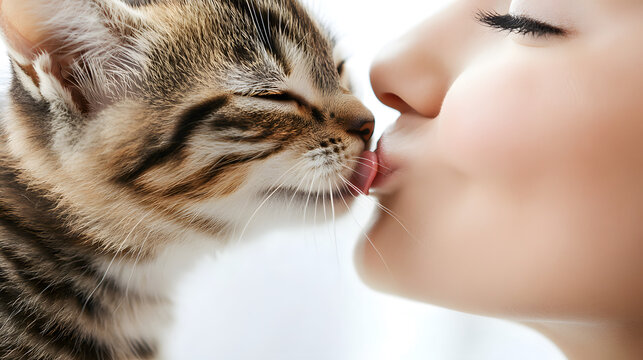 Close up of cat licking its owner face, playful and affectionate