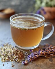 Fototapeta premium A calming CBD-infused herbal tea with chamomile and lavender, providing a soothing, stress-relieving beverage perfect for winding down in the evening