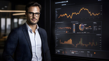 Businessman presenting analytics insights on digital display