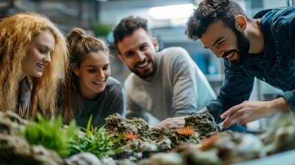 Fototapeta premium Three People Setting Up a Freshwater Aquarium