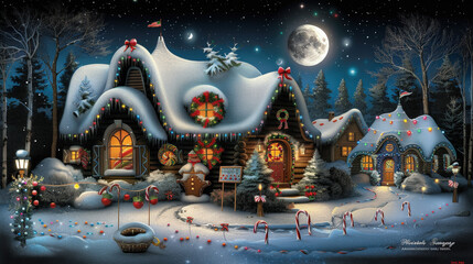 whimsical winter scene featuring charming gingerbread house adorned with festive decorations, surrounded by snow covered trees and twinkling lights, evoking joyful holiday spirit