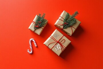 Festive christmas presents wrapped in brown paper, adorned with fir tree branches, red berries, and candy canes, set against a vibrant red backdrop