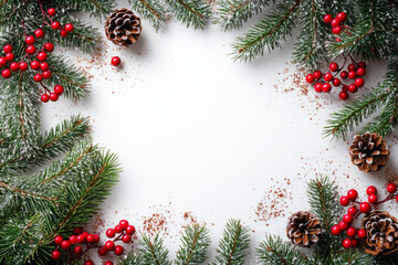 Festive winter arrangement with pine branches, berries, and pine cones