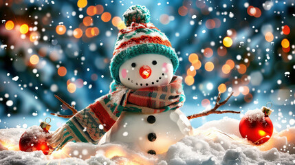 Obraz premium cheerful snowman icon wearing colorful scarf and hat, surrounded by snow and festive decorations, brings joyful winter spirit. scene is filled with sparkling lights and falling snowflakes