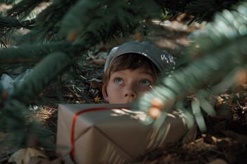 A young boy, hidden amidst pine branches, glances upward with an expression of awe and wonder, enwrapped in nature's embrace.