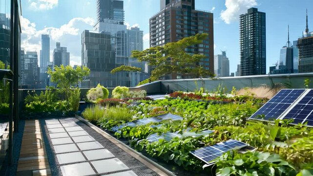 Vibrant Rooftop Vegetable Garden Overlooking Urban Cityscape at Midday.