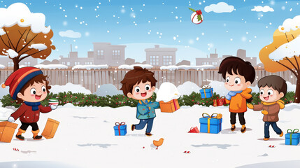 Fototapeta premium Children playing in snow, joyfully exchanging gifts and enjoying winter day. scene captures excitement and happiness of holiday season