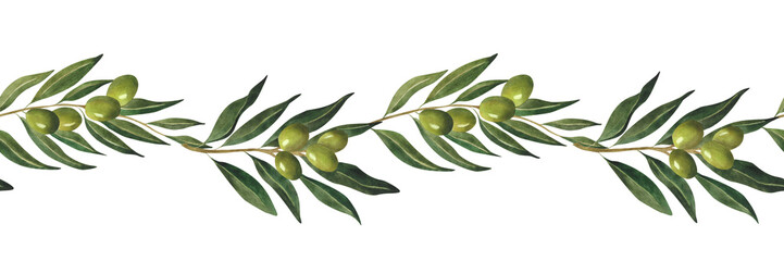 Green olive branch seamless border Watercolor pattern for olive oil wrapping paper Menu decoration, wallpaper print design Botanical background Italian food Natural Organic