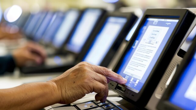 Hand pressing voting ballot button on electronic voting machine in modern polling station, highlighting democratic process and civic duty.