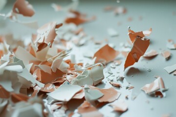 Pastel eggshell fragments scattered artistically on a flat surface, creating a delicate and intricate still life composition.