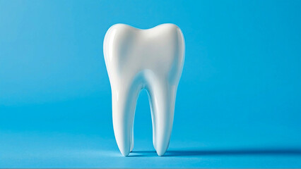 Perfect white tooth against soft blue background. Goal of healthy, well-maintained teeth in dentistry.