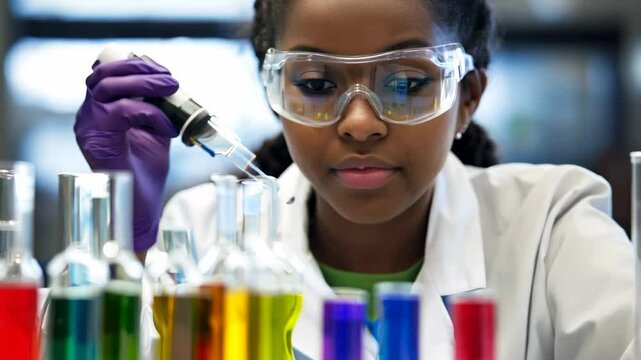 Focused young scientist working in a laboratory, conducting an experiment with safety goggles and protective gloves