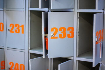 There is a row of lockers that each display the number 230 on them