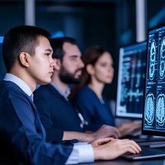 Diverse group analyzing anonymized patient records, data security concept, modern workspace