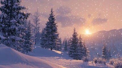 Fototapeta premium Snow-covered trees at dusk with glimmering snowflakes reflecting the fading light, a winter wonderland atmosphere.