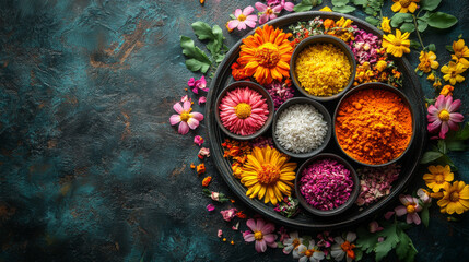 Indian spices and rice in bowls surrounded by colorful flowers on a dark textured background
