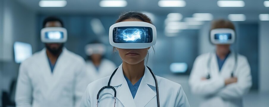 Diverse doctors using holographic data for patient analysis, innovative healthcare team
