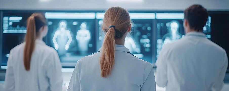 Diverse doctors using holographic data for patient analysis, innovative healthcare team