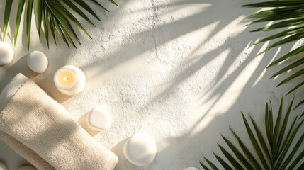 Relaxing spa setup with candles and towels surrounded by palm leaves