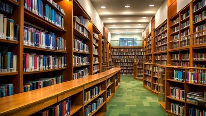 Obraz premium Abstract Blurred Public Library Interior Space – Defocused Bookshelves for Business and Education Backgrounds, Inspiring Learning Environments, Cozy Study Areas, and Knowledge Exploration