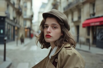 Fototapeta premium A stylish individual in a trench coat and cap poses thoughtfully on a charming cobblestone street lined with Parisian architecture.
