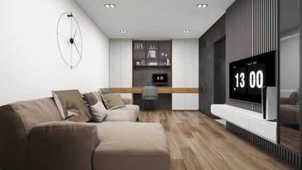 Living room interior design with large brown sofa and TV on the wall. Gray panels for slats on the wall. White TV stand. Room with a clock on a white wall