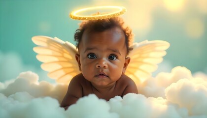 Fototapeta premium Black Christmas baby with golden halo and angel wings with copy space