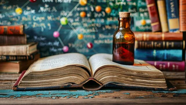 An open book reveals aged pages while a potion bottle sits nearby on a rustic table. Surrounding elements include colorful science notes and stacked books, creating an academic atmosphere