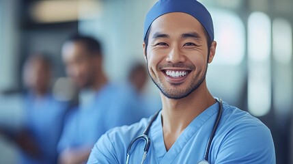 Male asian physician wearing scrubs smiling to camera 