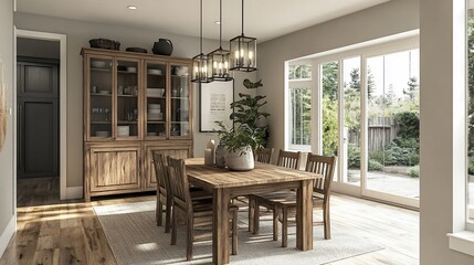 A well-lit dining room with a large wooden table and chairs, a hutch, and a view of a patio through sliding doors.