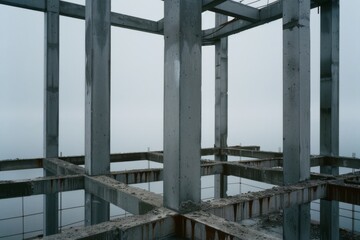 Architectural steel beams rise amidst fog, creating a pattern of geometric strength and industrial elegance, suspended in abstraction.