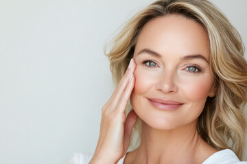 Obraz premium Smiling woman with glowing skin gently touching her face in natural light