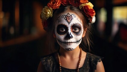 Happy child with skull face paint celebrating Day of the Dead