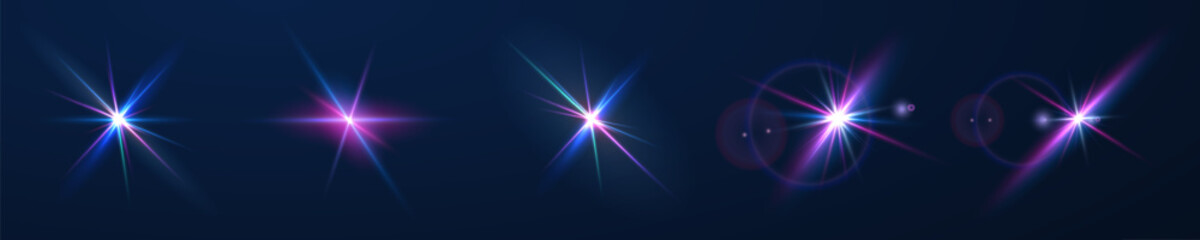 The image shows a multi-colored starlight including sunlight and dawn effect. Rainbow star. The star shines with a rainbow of red yellow and blue colors. Optical effect of fire light. Vector lens