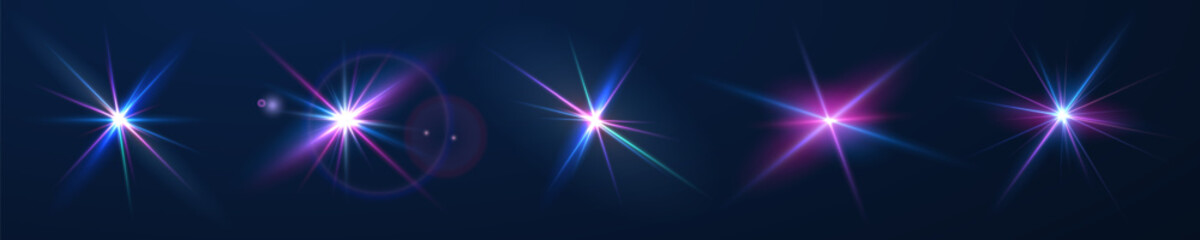 The image shows a multi-colored starlight including sunlight and dawn effect. Rainbow star. The star shines with a rainbow of red yellow and blue colors. Optical effect of fire light. Vector lens