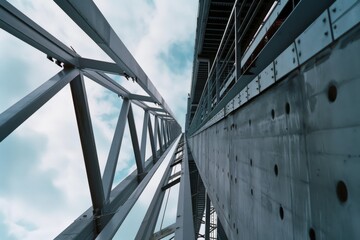 Naklejka premium Upward view of industrial architecture against a backdrop of cloud-speckled sky, emphasizing strength and modern design.