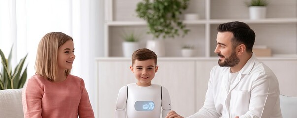 Fototapeta premium Family interacting with digital health assistant in clinic, welcoming, bright atmosphere