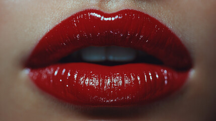 Obraz premium Close-up of glossy red lips showcasing beauty artistry and makeup techniques