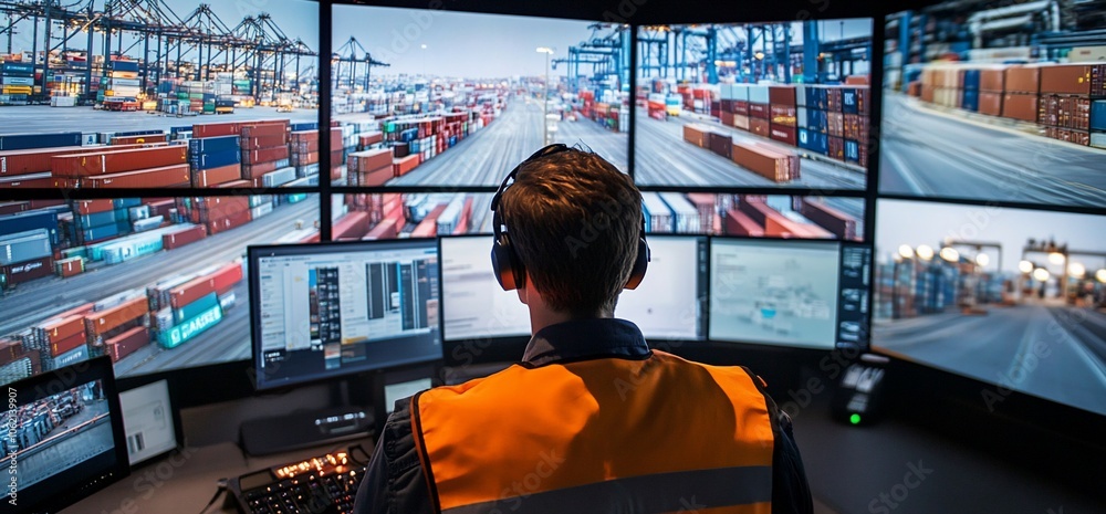 Poster A man in a bright orange vest sits in front of multiple computer screens showing live feeds of a busy shipping port.