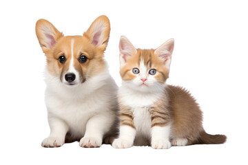 Obraz premium A Welsh corgi puppy and a red kitten sitting next to each other, both appearing calm isolated on white background