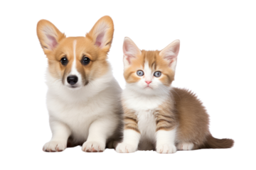 A Welsh corgi puppy and a red kitten sitting next to each other, both appearing calm isolated on white background