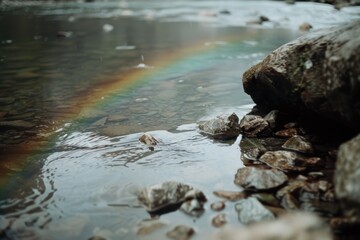 Obraz premium A mesmerizing rainbow arcs over a serene river, creating a perfect moment of natural wonder.