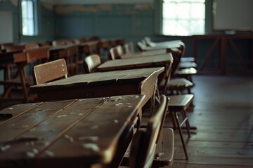 Obraz premium Sunlight filters through dusty classroom windows, illuminating worn desks in a forgotten space.