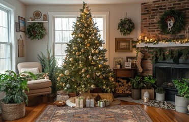Christmas tree in the living room with gift boxes and handmade decoration
