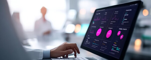 Interactive dashboard of anonymized patient data in clinical setting, data security concept, futuristic look