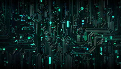 Fototapeta premium Digital Circuit Board Pattern Background in Blue and Green with Glowing Details for Tech Displays