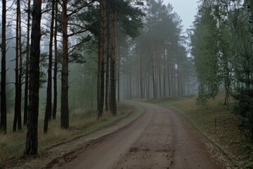 Naklejka premium Mist envelops a winding forest road, weaving a tranquil yet mysterious atmosphere through tall pine trees.